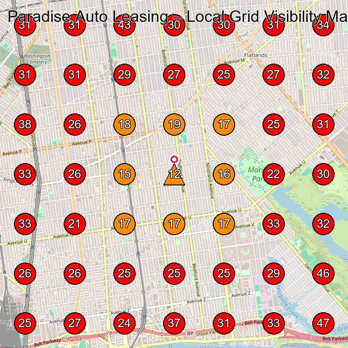 Paradise Auto Leasing GeoGrid visibility map for Car Leasing Service in Brooklyn
